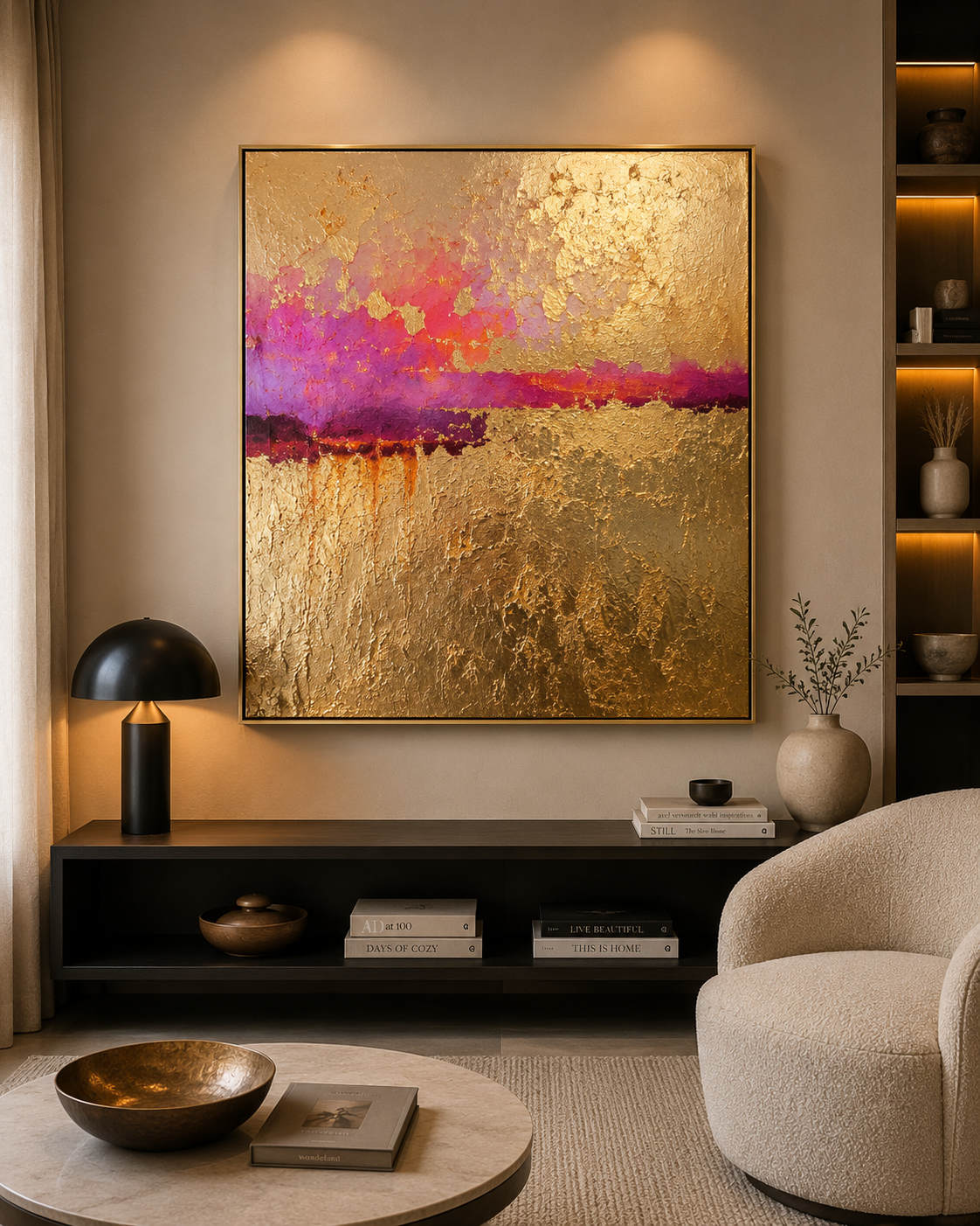 Gold and pink abstract painting above a media console